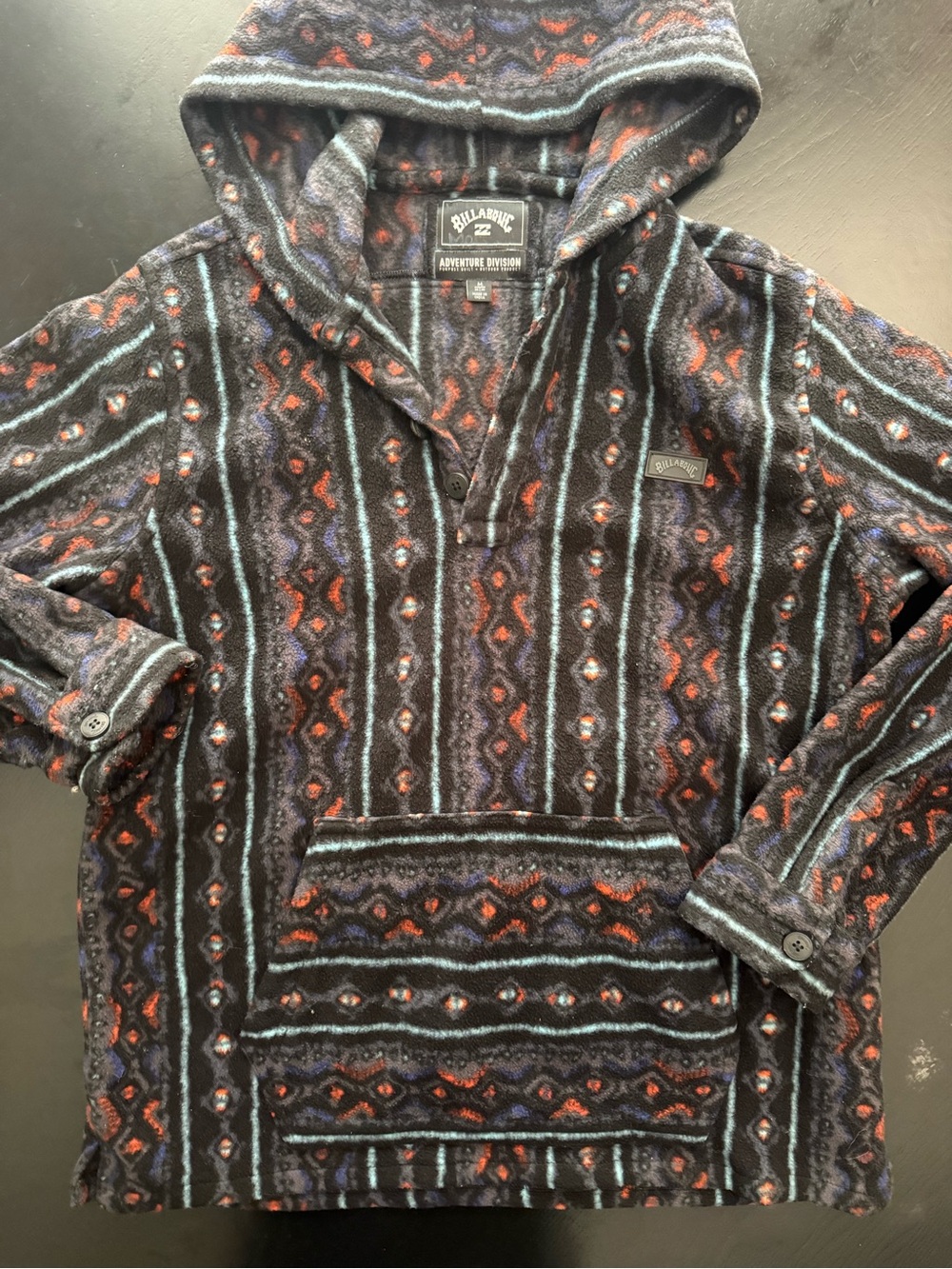 Billabong Black Hooded Patterned Pullover Jacket with Blue & Red Accents